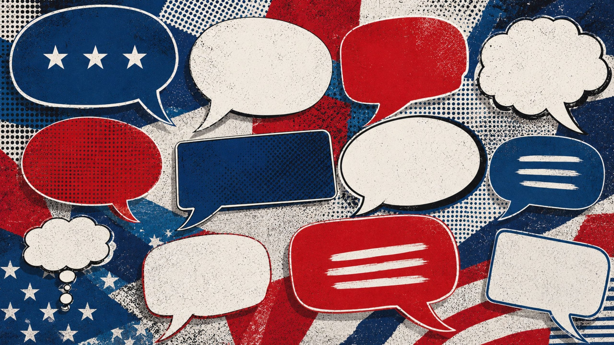 Overlapping red, white, and blue comic-style speech bubbles and thought clouds on a distressed American flag background