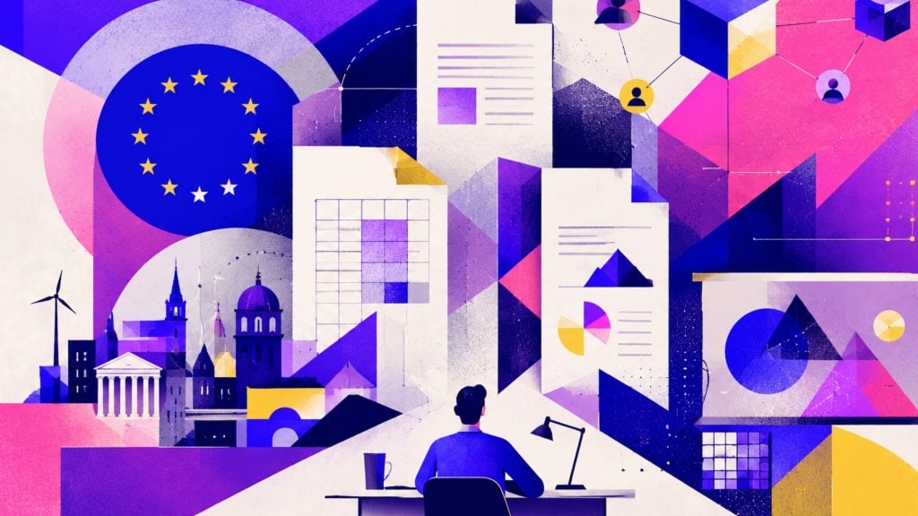 Person sitting at a desk facing a colorful abstract collage of EU stars, documents, charts, city skyline and network icons.