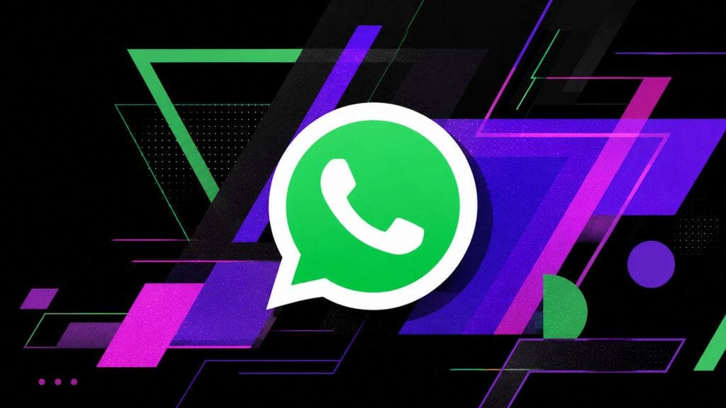 Large green WhatsApp logo centered over angled neon purple, pink, and green geometric shapes on a black background.