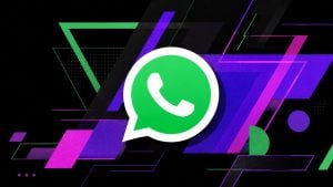 Large green WhatsApp logo centered over angled neon purple, pink, and green geometric shapes on a black background.