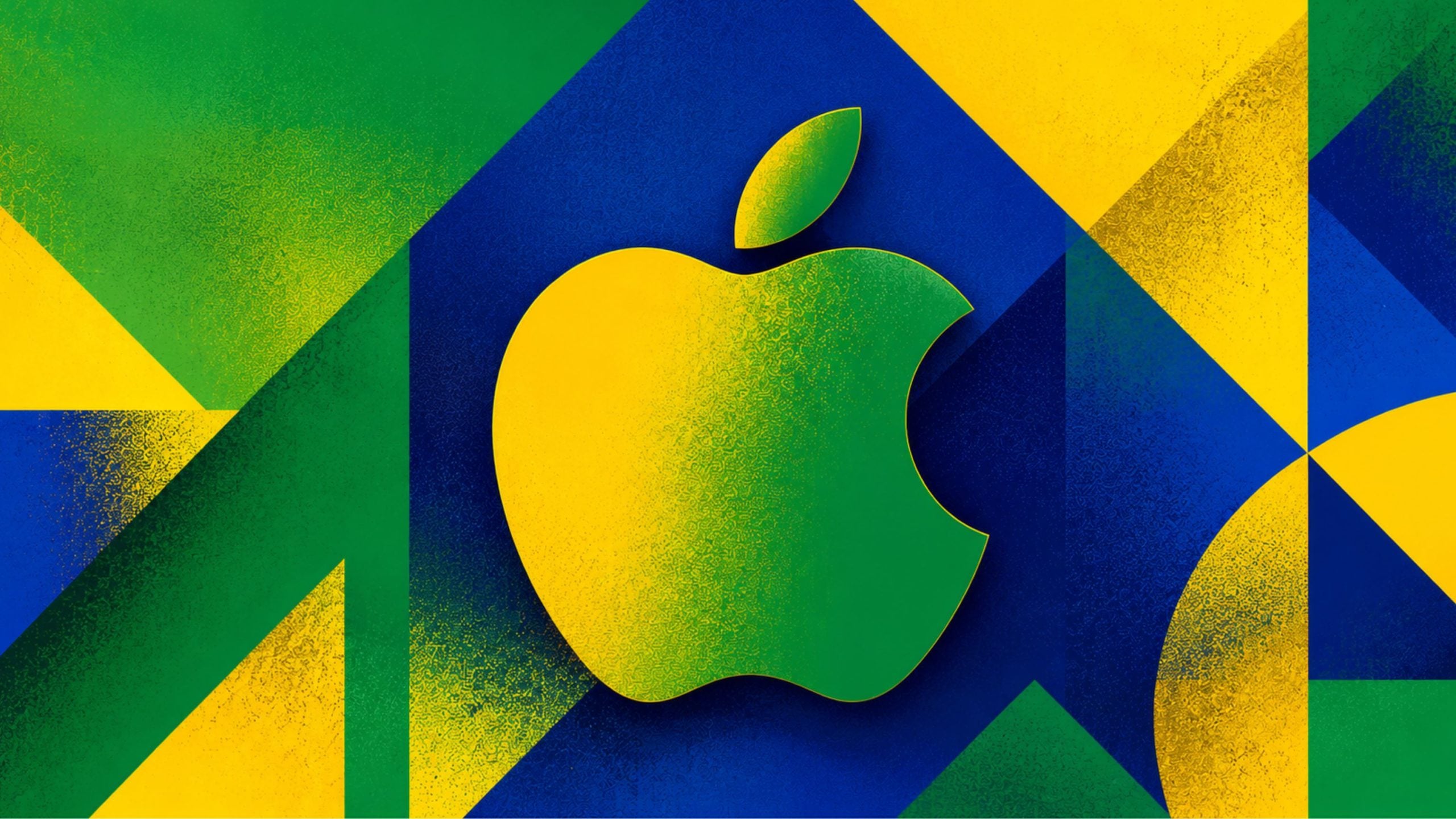 Stylized Apple logo in yellow and green over a geometric blue, green, and yellow textured background