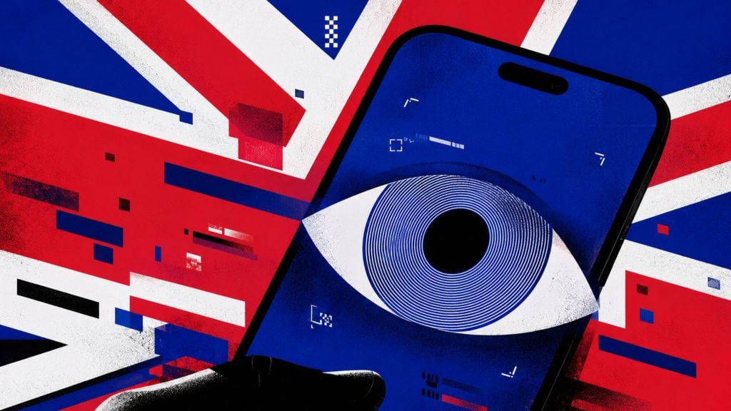 Stylized British flag background with a smartphone displaying a large concentric-eye graphic suggesting surveillance.