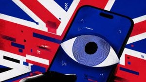 Stylized British flag background with a smartphone displaying a large concentric-eye graphic suggesting surveillance.