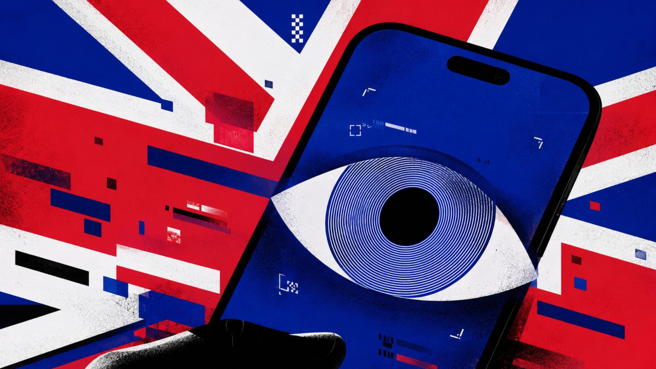 Stylized British flag background with a smartphone displaying a large concentric-eye graphic suggesting surveillance.
