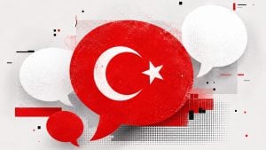 Large red speech bubble with a white crescent and star (Turkish flag motif) surrounded by smaller white and red speech bubbles and abstract dots.