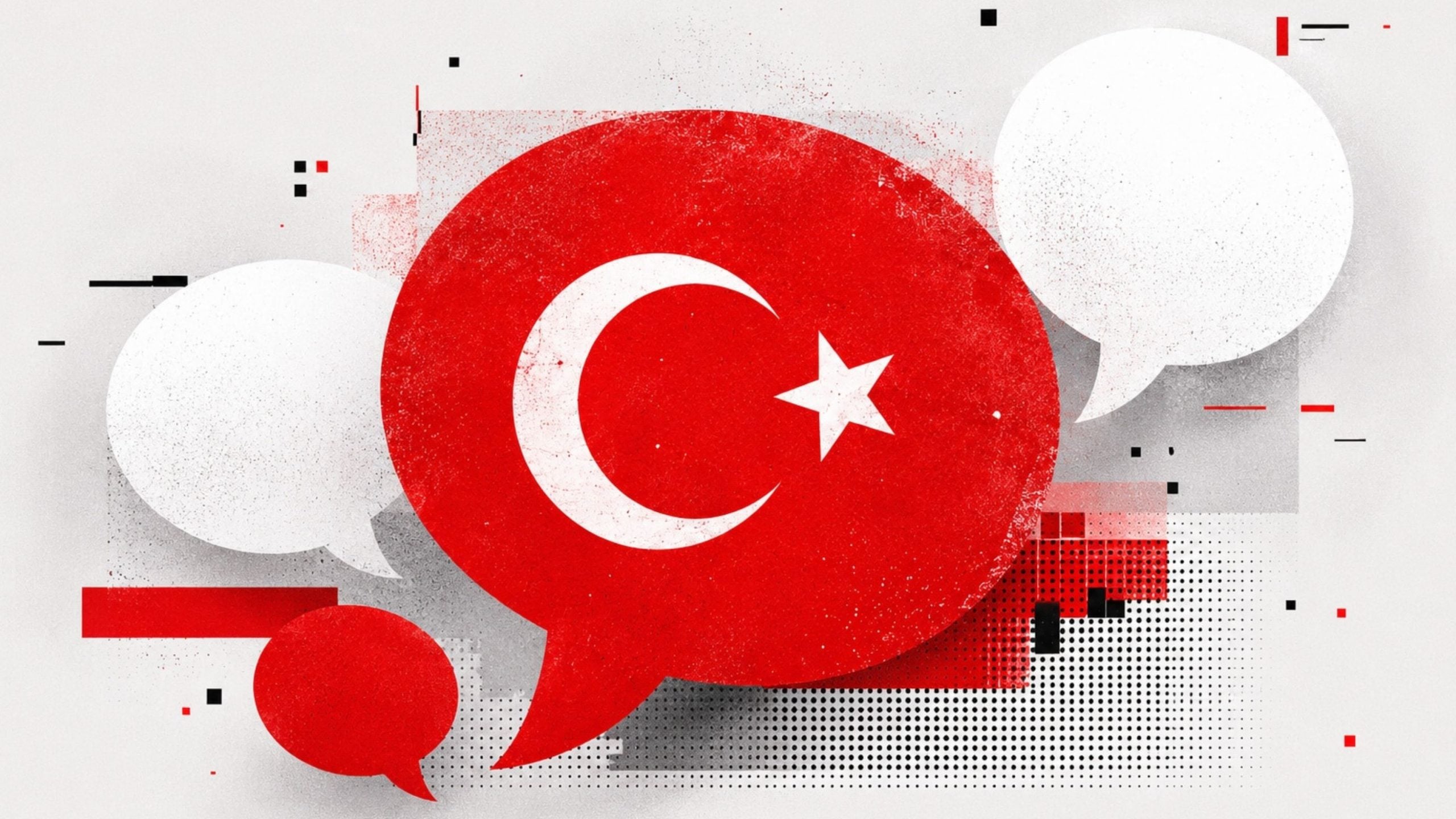 Large red speech bubble with a white crescent and star (Turkish flag motif) surrounded by smaller white and red speech bubbles and abstract dots.