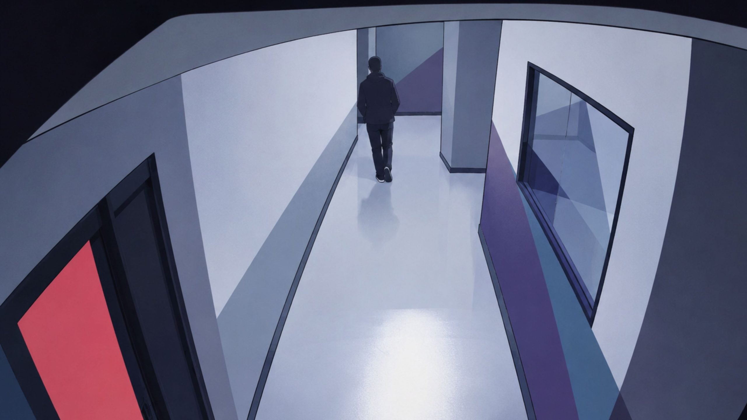 Person walking down a glossy, empty hallway with angular windows and cool blue-gray lighting, seen from above and behind.