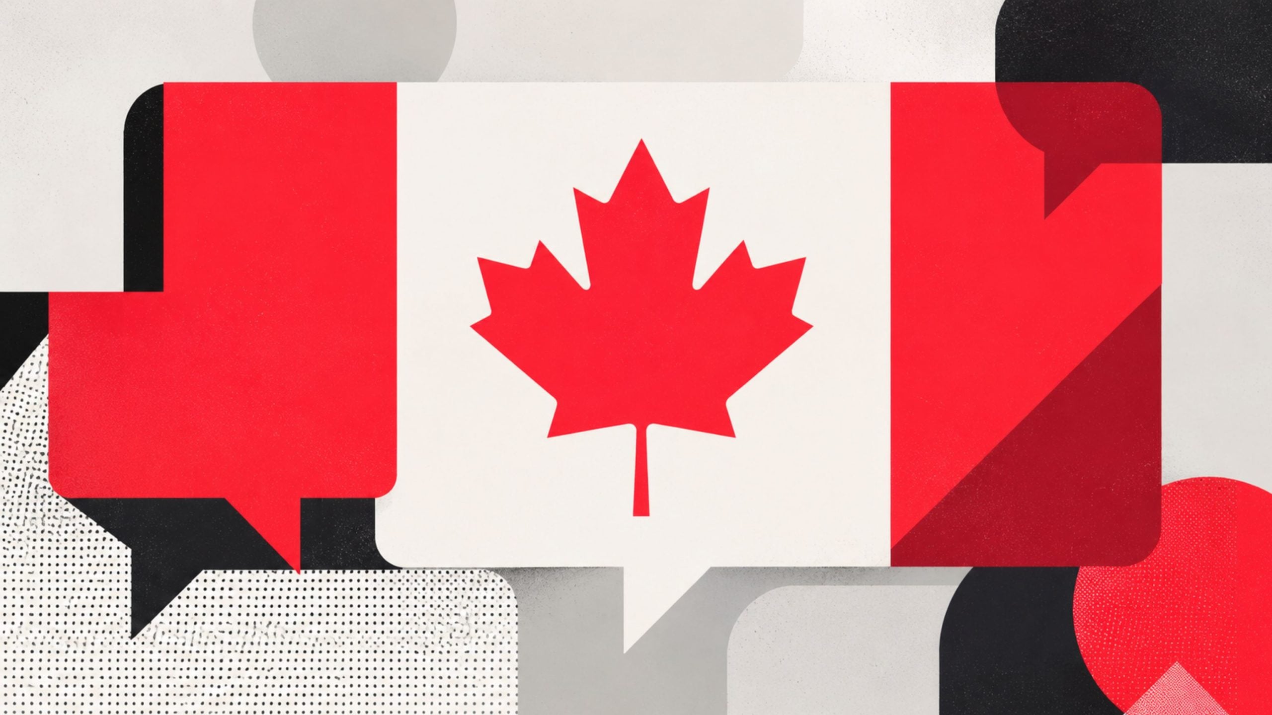 Canadian flag maple leaf centered on stylized overlapping speech bubbles in red, white, gray, and black geometric shapes