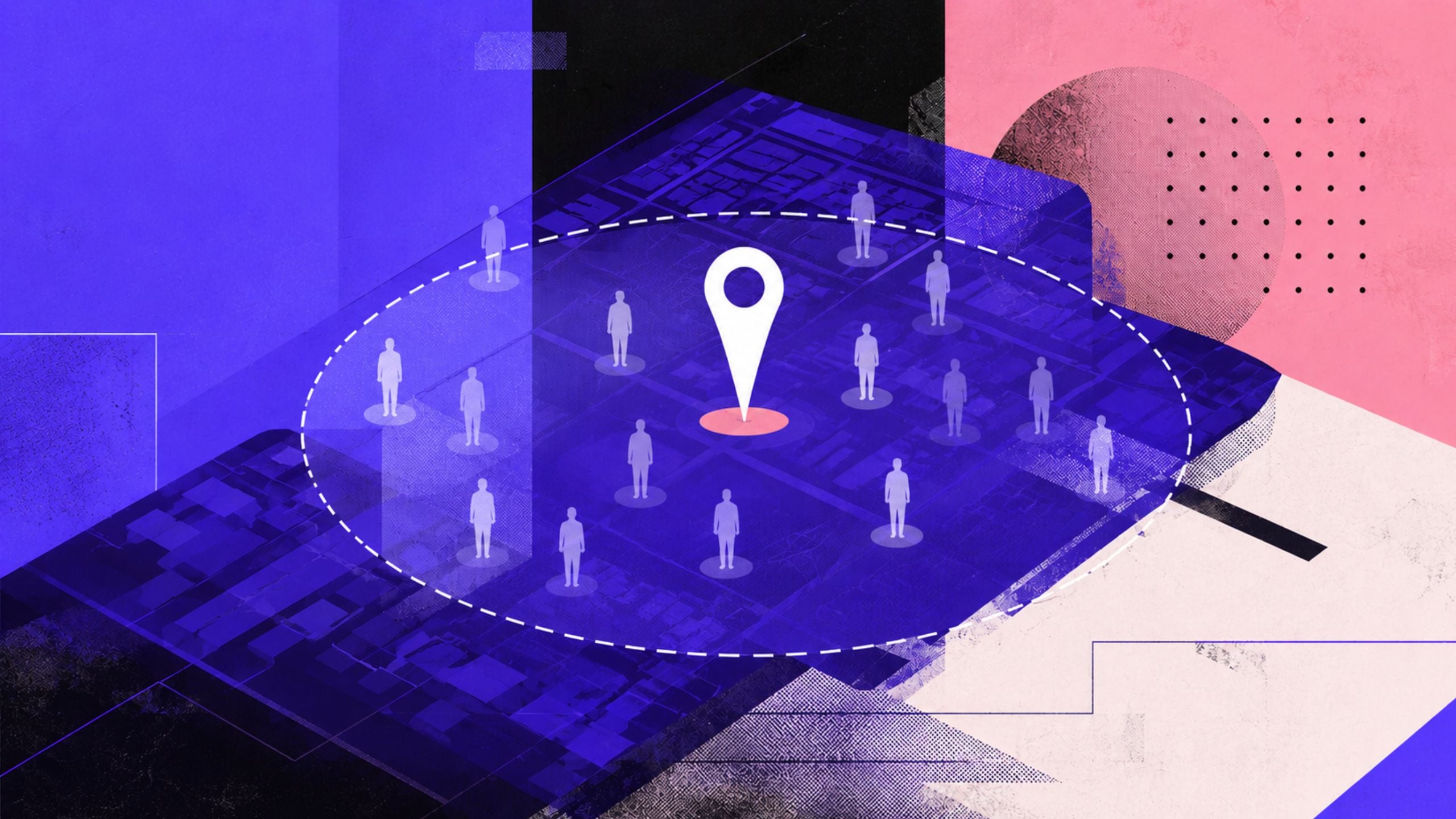 Abstract map graphic with a central location pin surrounded by small people icons inside a dashed circle