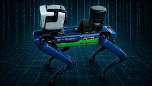 Compact four-legged robot platform with blue articulated legs, labeled Boston Dynamics and Hyundai, set against a digital matrix background.