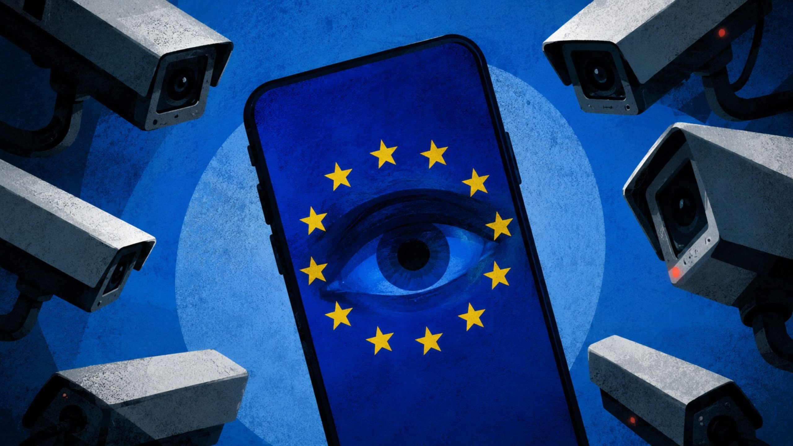 Smartphone screen with EU stars forming a circle around a large watching eye, surrounded by multiple security cameras.