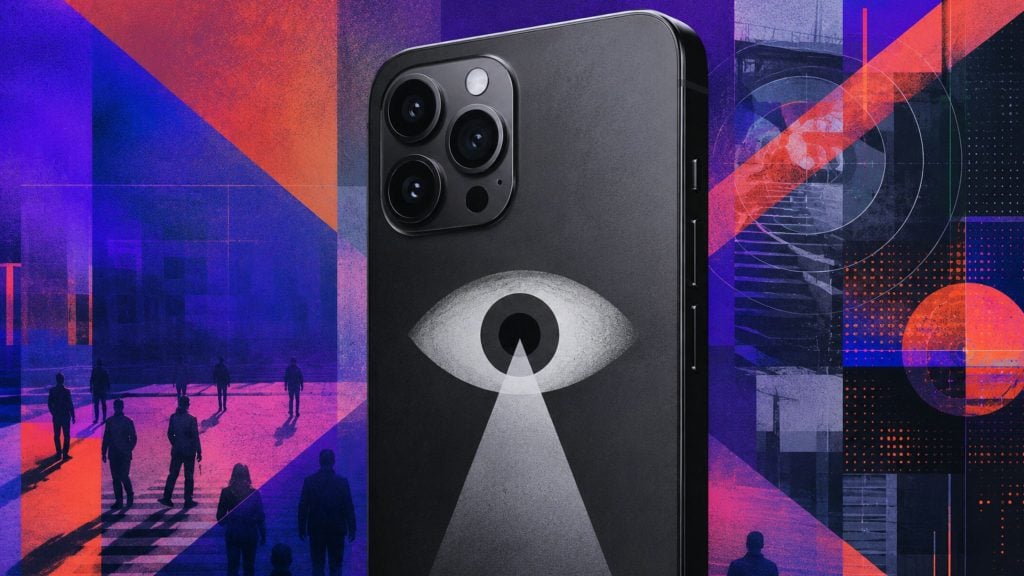 Close-up of a smartphone rear with triple camera and a graphic eye projecting a beam against a purple-orange abstract cityscape.