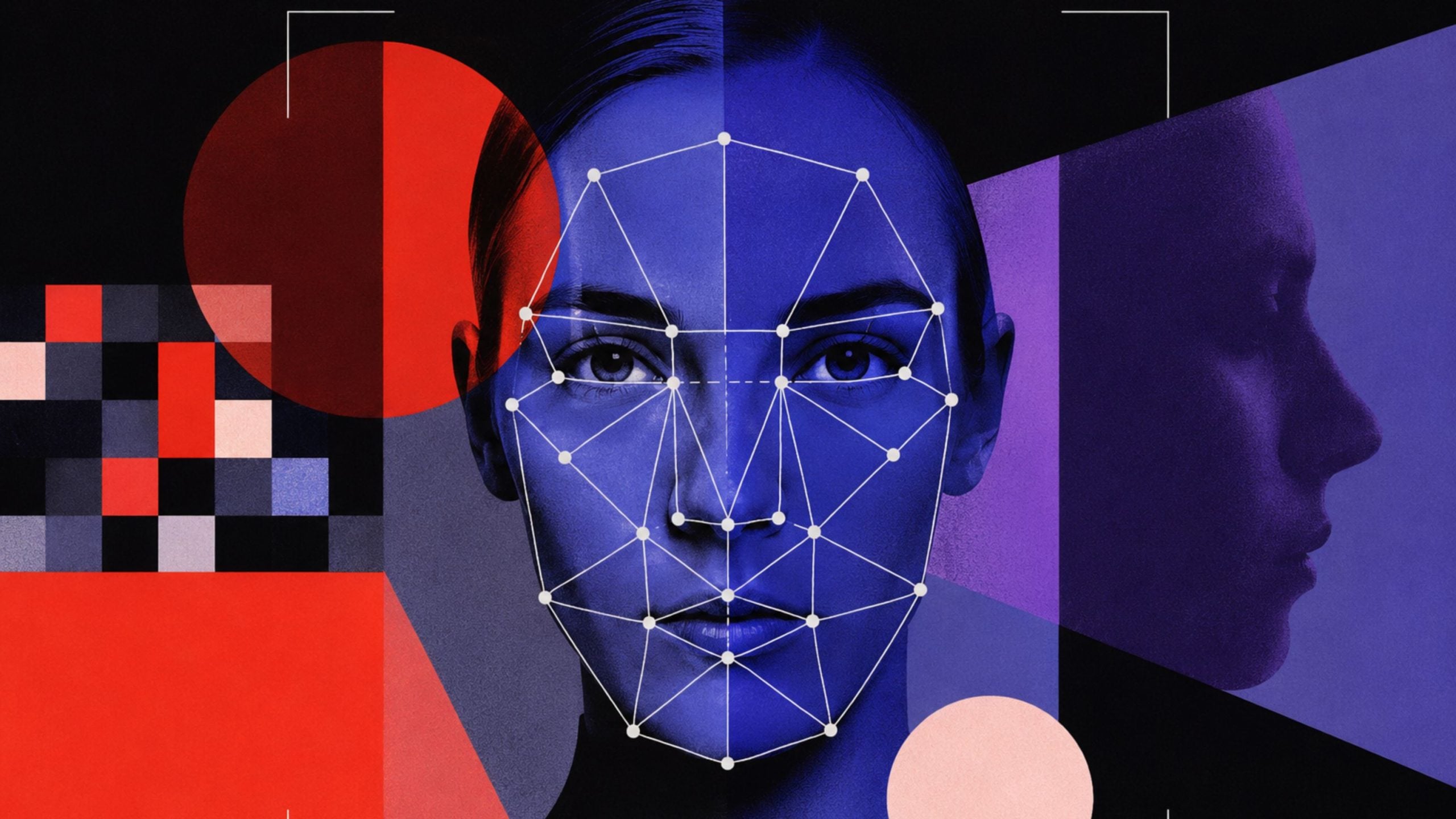 Blue-toned female face with geometric facial recognition overlay and abstract red, purple shapes and a side profile in the background.