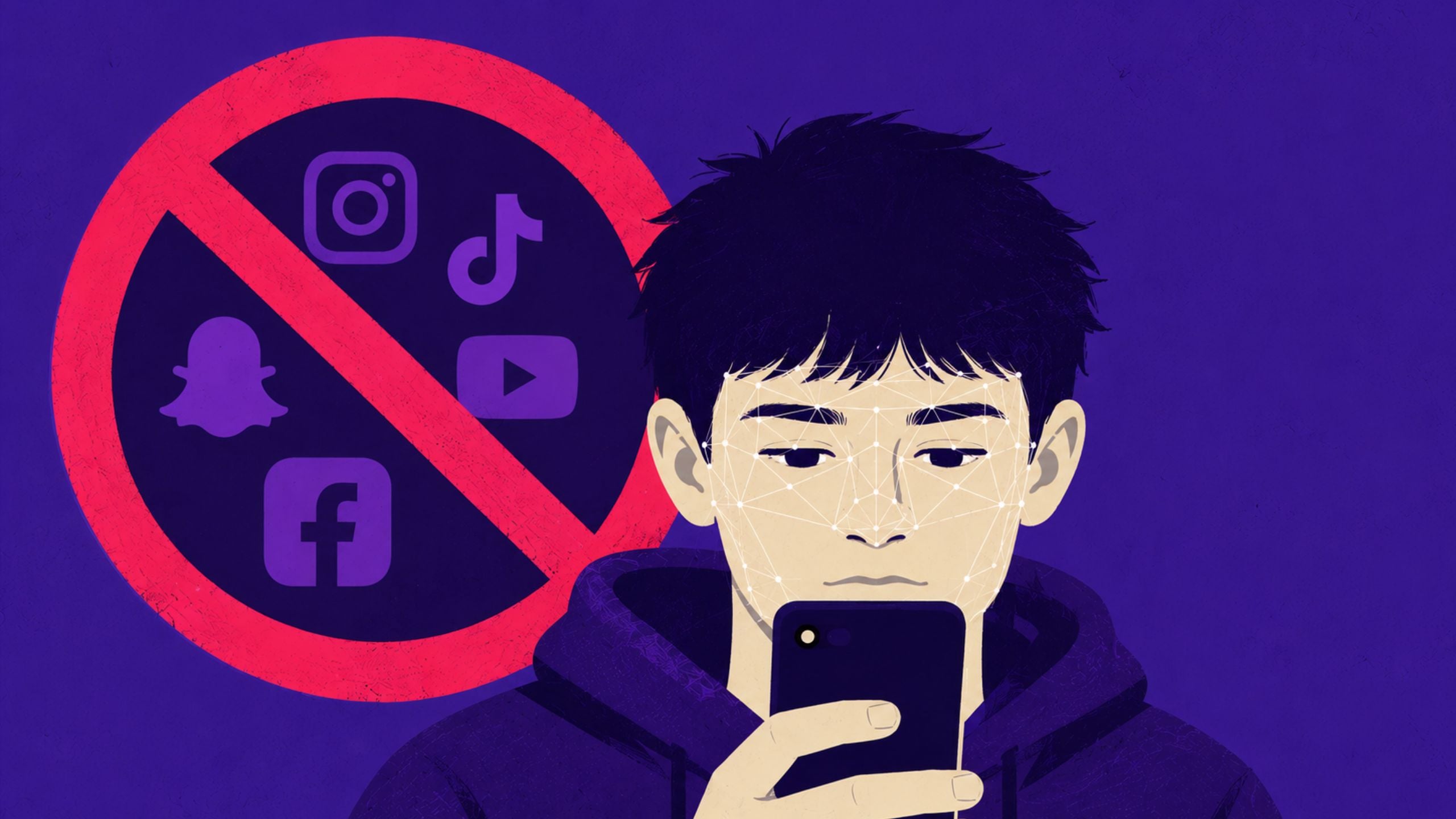 A person looks at a phone while social media icons are crossed out behind them