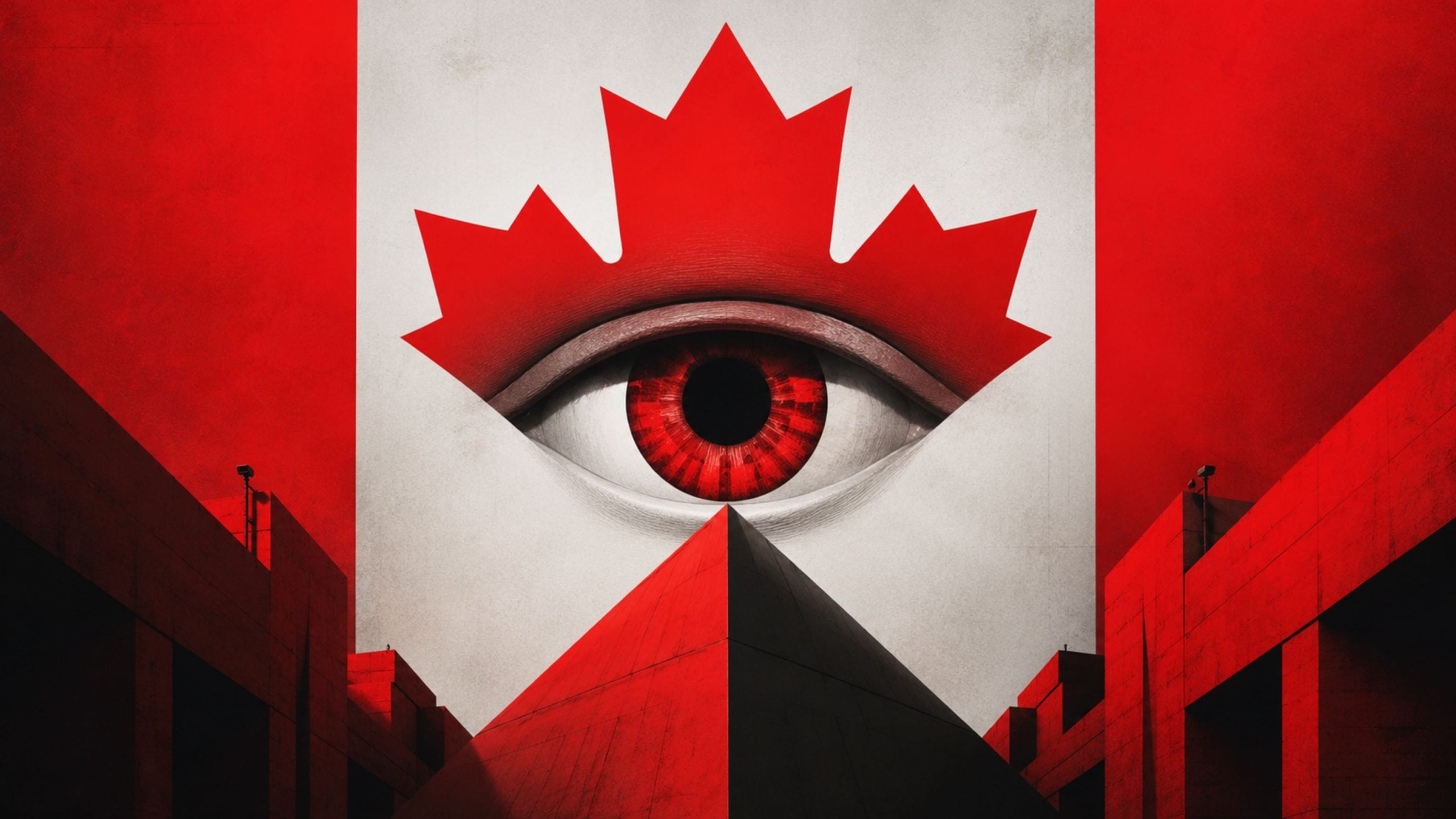 Large red maple leaf shapes form a stylized Canadian flag with a single red eye at center above a triangular red-black building.