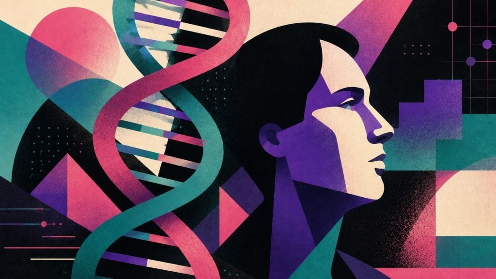 Stylized side profile of a person in purple and cream tones with a large pink-and-teal DNA helix and geometric shapes in the background