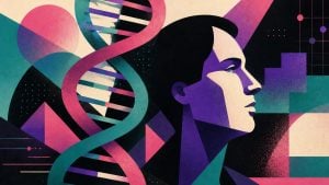 Stylized side profile of a person in purple and cream tones with a large pink-and-teal DNA helix and geometric shapes in the background