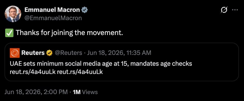 Social media post showing a verified account with a green check emoji and text "Thanks for joining the movement." above an embedded Reuters headline: "UAE sets minimum social media age at 15, mandates age checks," timestamped Jun 18, 2026, and a view count of 1M.