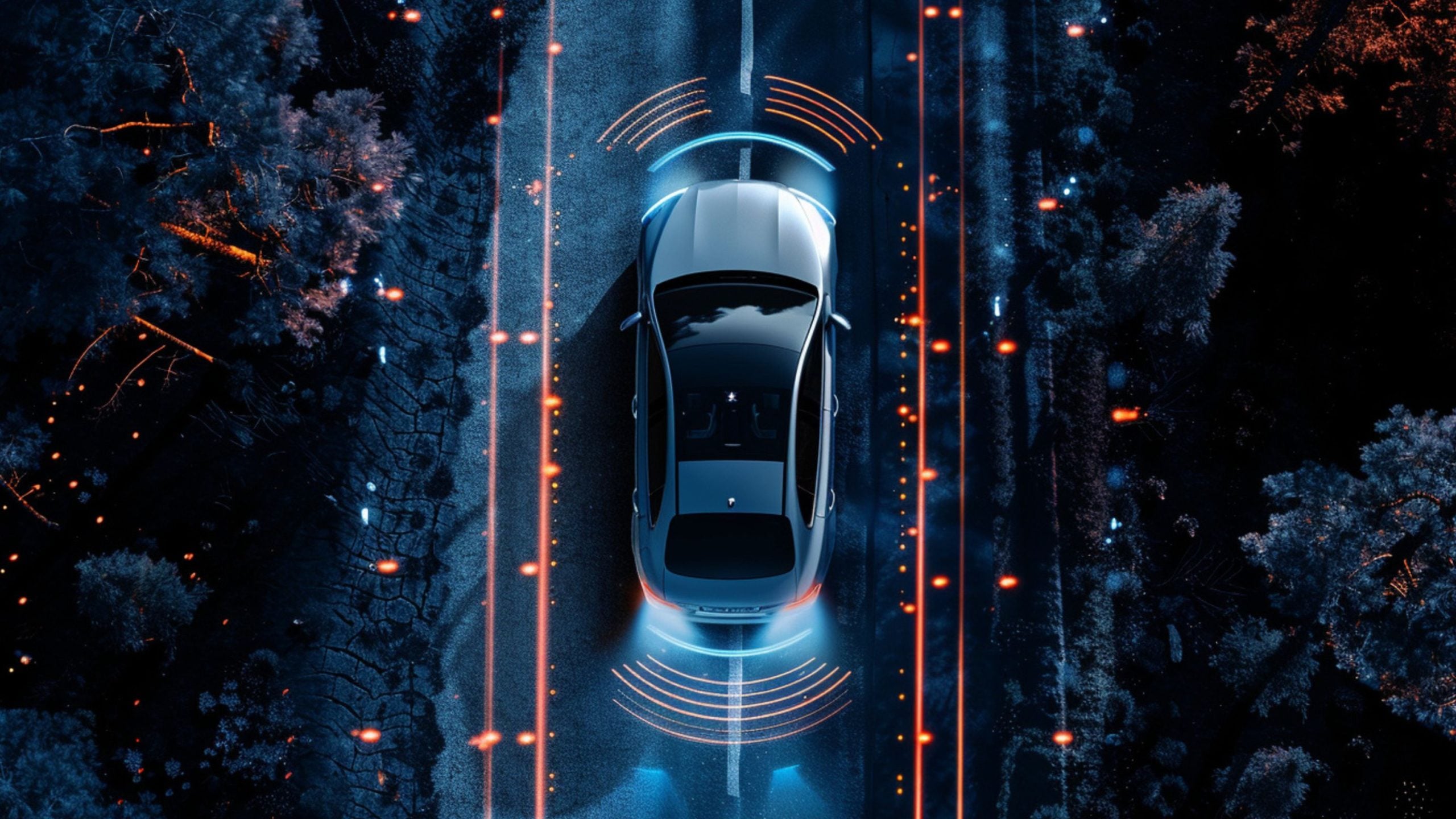 Top-down view of a silver car on a dark road with glowing blue sensor arcs and orange light trails suggesting autonomous driving.