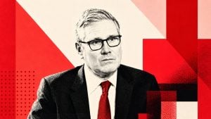 Starmer in a suit and red tie wearing black glasses, illustrated in halftone over a geometric red and cream background.