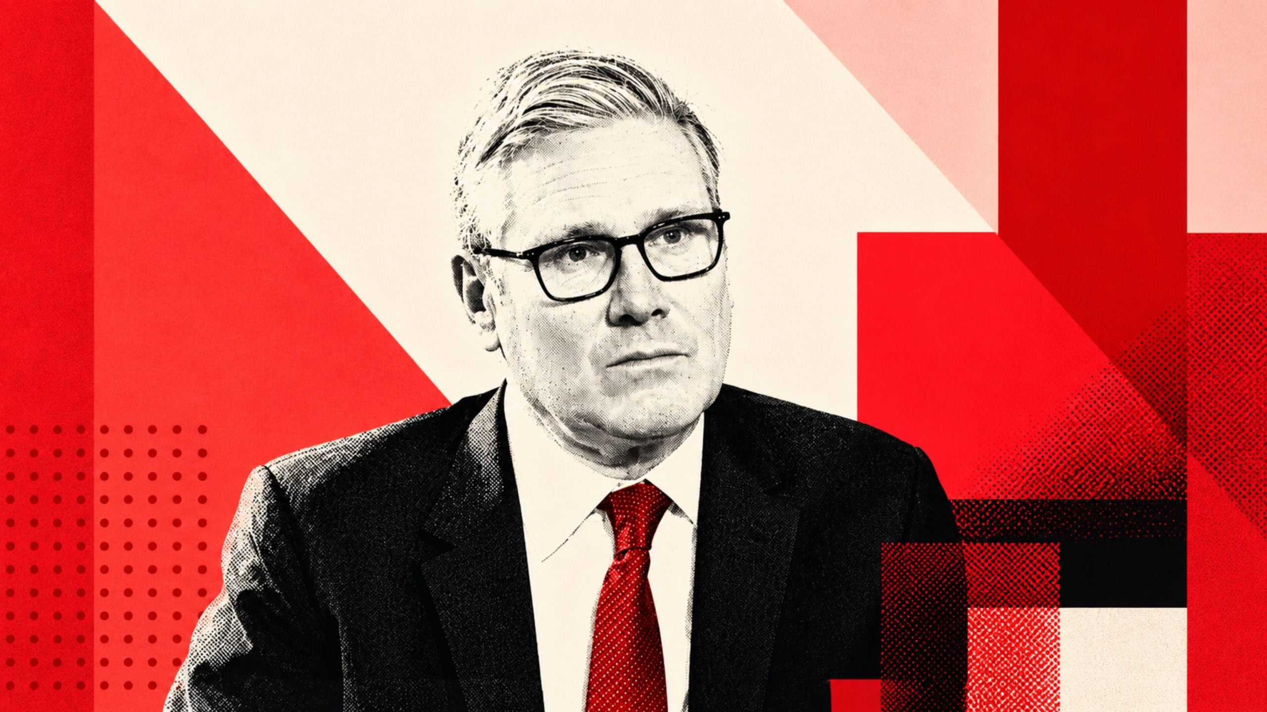 Starmer in a suit and red tie wearing black glasses, illustrated in halftone over a geometric red and cream background.