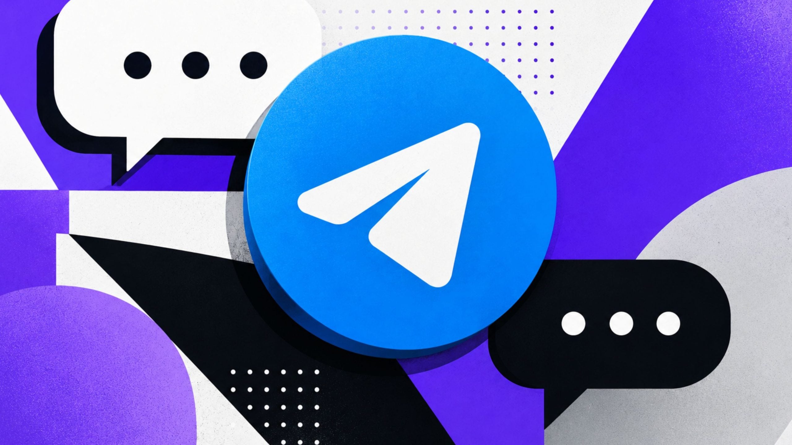 Blue Telegram paper-plane logo centered over layered purple, black, and white speech bubble graphic elements.