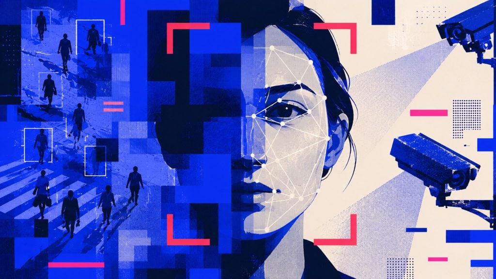 Half-face of a woman overlaid with facial recognition dots and lines, surveillance cameras and boxed silhouettes of walking people.