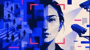 Half-face of a woman overlaid with facial recognition dots and lines, surveillance cameras and boxed silhouettes of walking people.