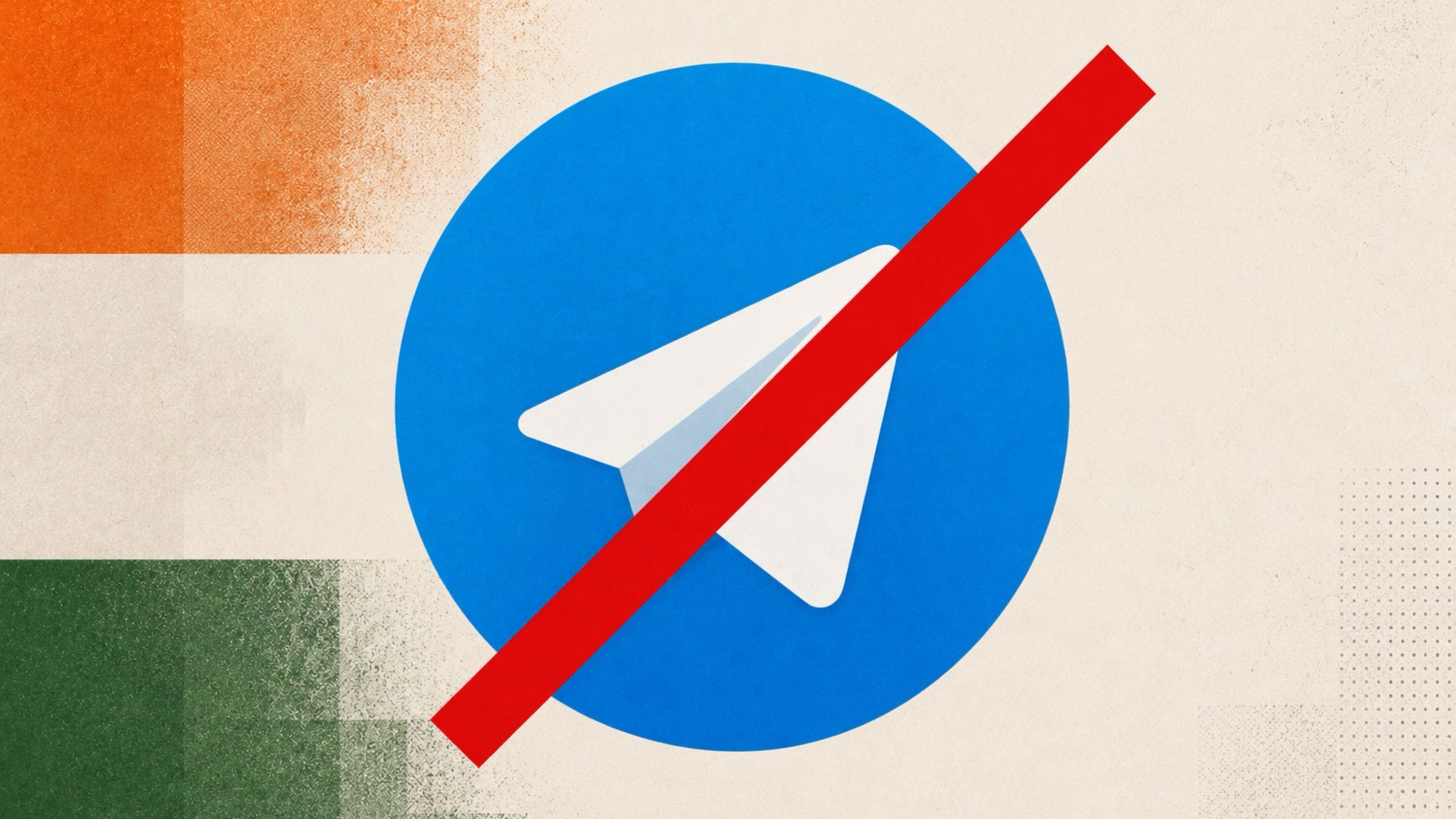 Blue Telegram paper-plane logo crossed out by a diagonal red ban stripe on a textured tricolor background.