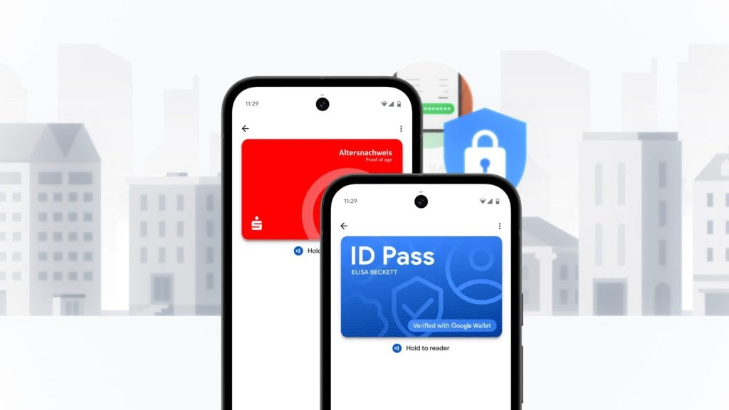 Two smartphone screens showing digital ID cards—red proof-of-age card and blue ID Pass—over a faint cityscape background.