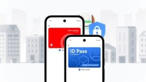 Two smartphone screens showing digital ID cards—red proof-of-age card and blue ID Pass—over a faint cityscape background.