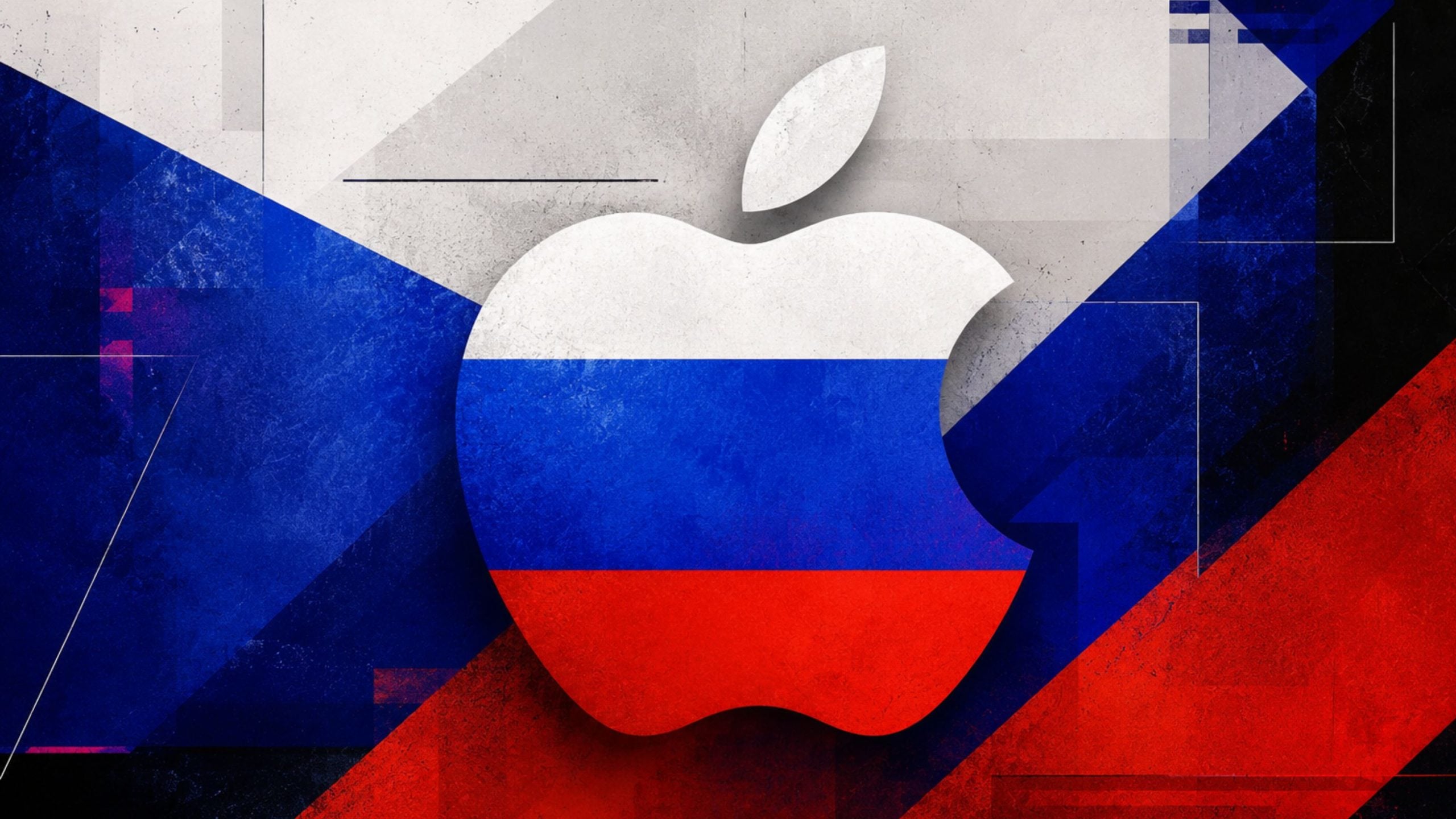 Large stylized Apple logo filled with the Russian flag's horizontal white, blue, and red stripes over an abstract geometric blue and red background.