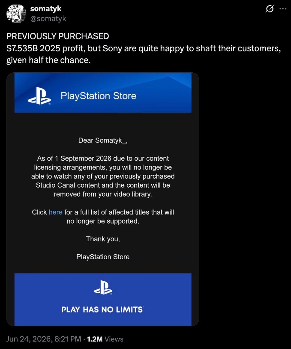 Screenshot of a post showing a PlayStation Store notice that previously purchased Studio Canal content will be removed from video libraries