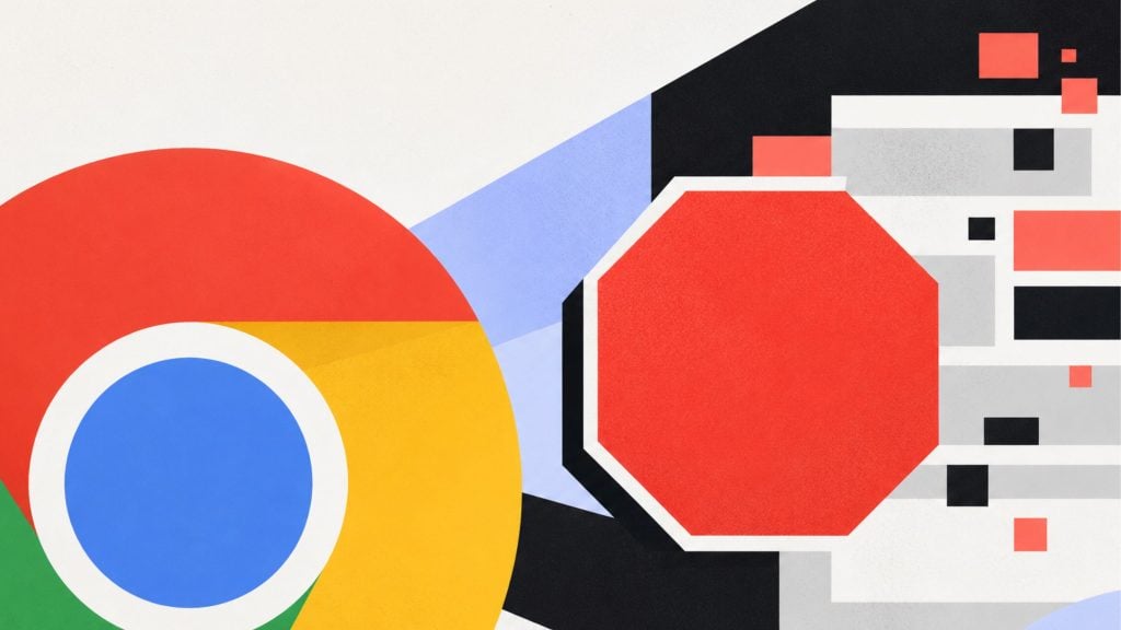 Colorful abstract illustration combining a large Chrome-like circular logo on the left with a red stop-sign octagon and geometric blocks on the right.