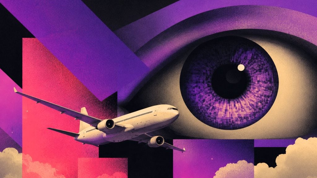 Airliner flying past a giant stylized purple eye against geometric pink and purple shapes and clouded sky
