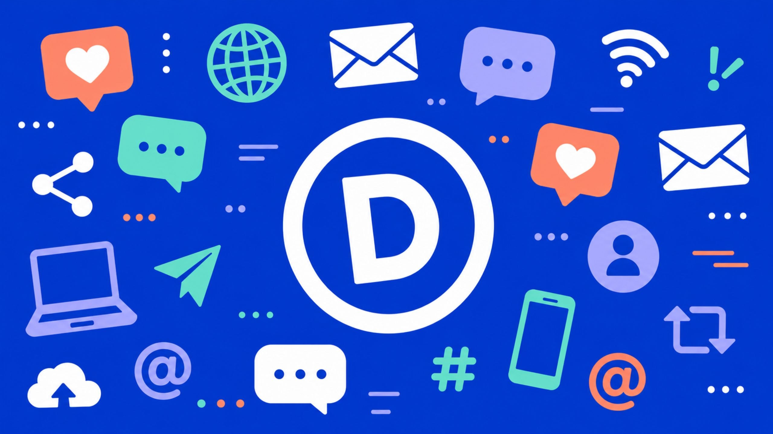 Blue background with assorted social media and communication icons surrounding a large white D logo