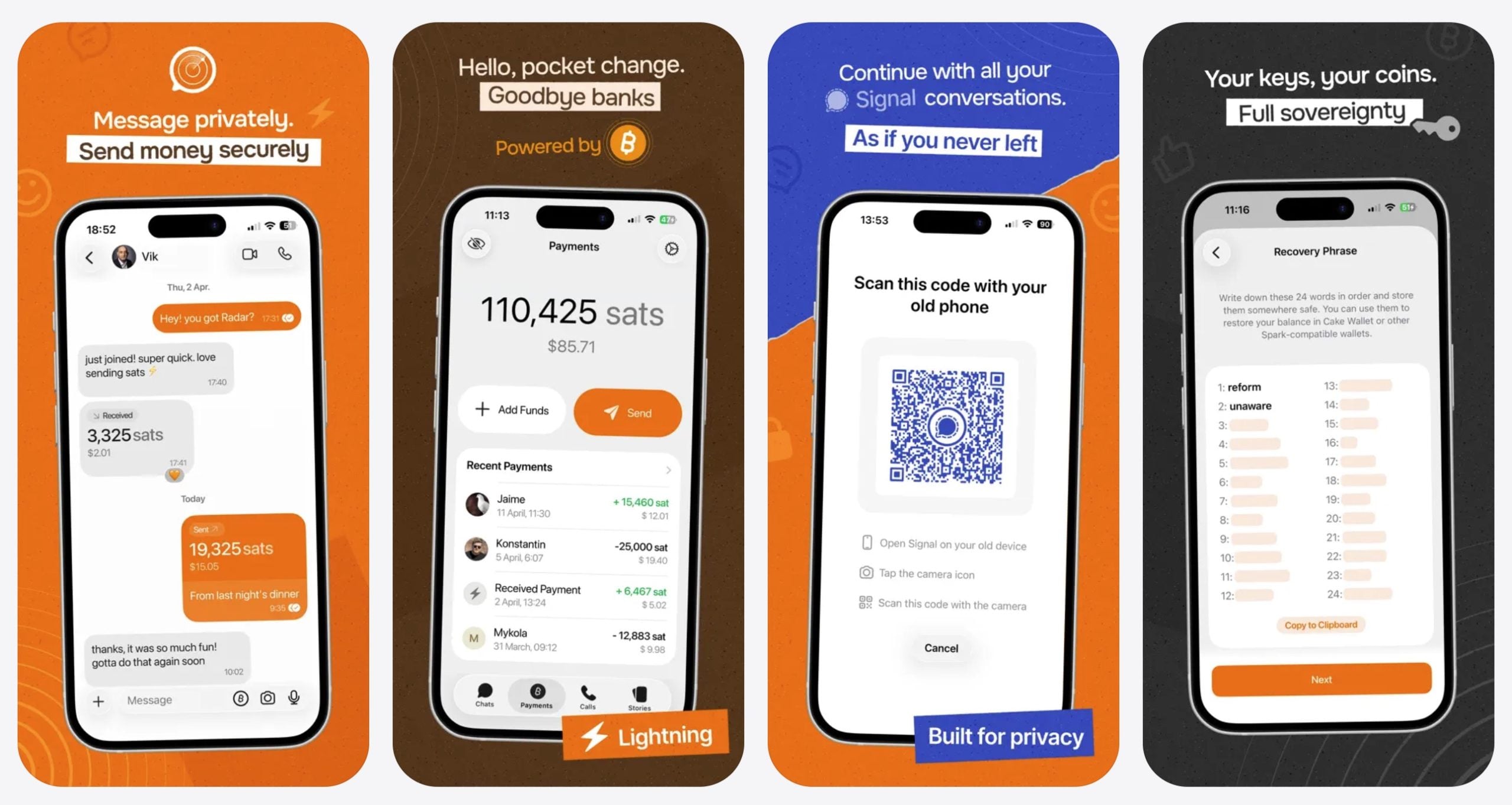 Screenshots of the mobile app interface showcasing secure messaging, cryptocurrency transactions, and privacy features.