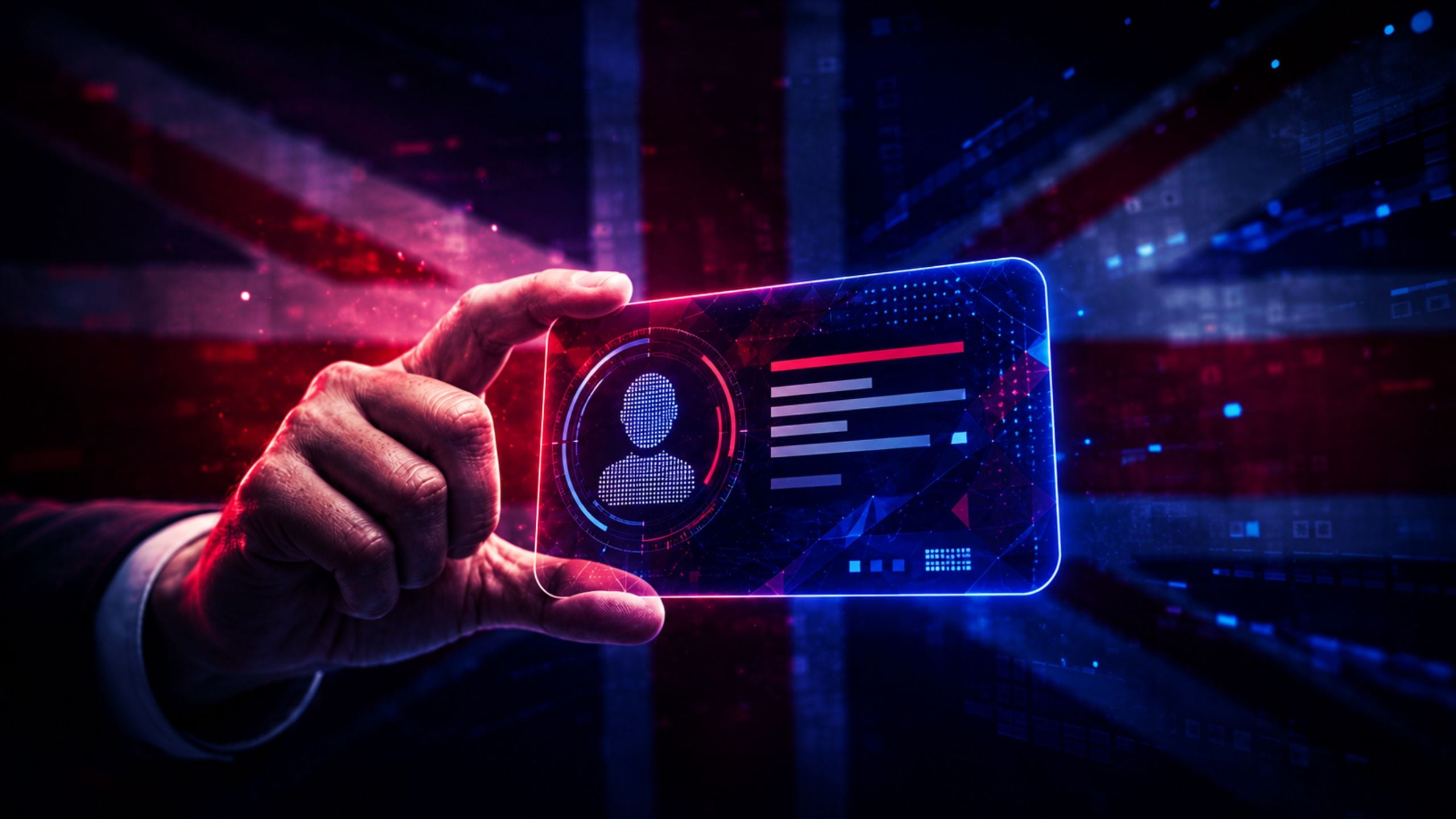 Hand holding a glowing digital ID card with a profile icon and data bars on a dark futuristic background