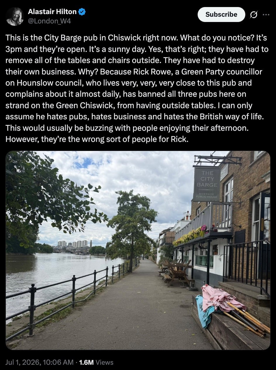 Screenshot of a post showing The City Barge pub by the riverside with outdoor tables removed and a walkway beside the Thames