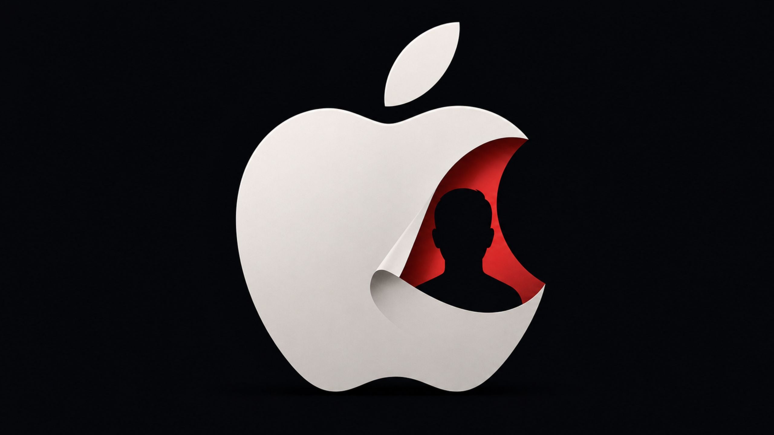 White Apple logo on a black background with a red cutaway revealing a person silhouette inside