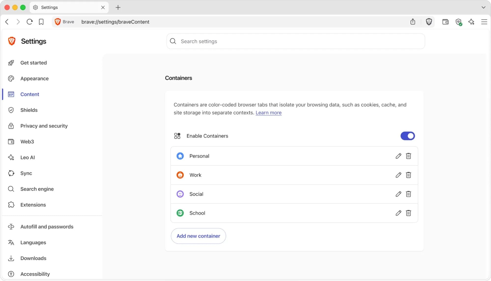 Brave browser Settings page showing the Containers section with toggle on and Personal, Work, Social, and School containers listed