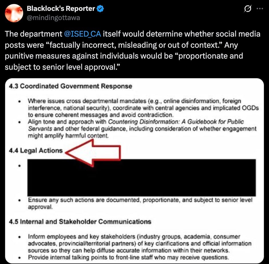 Screenshot of a tweet quoting a government document about coordinated response, legal actions, and social media misinformation