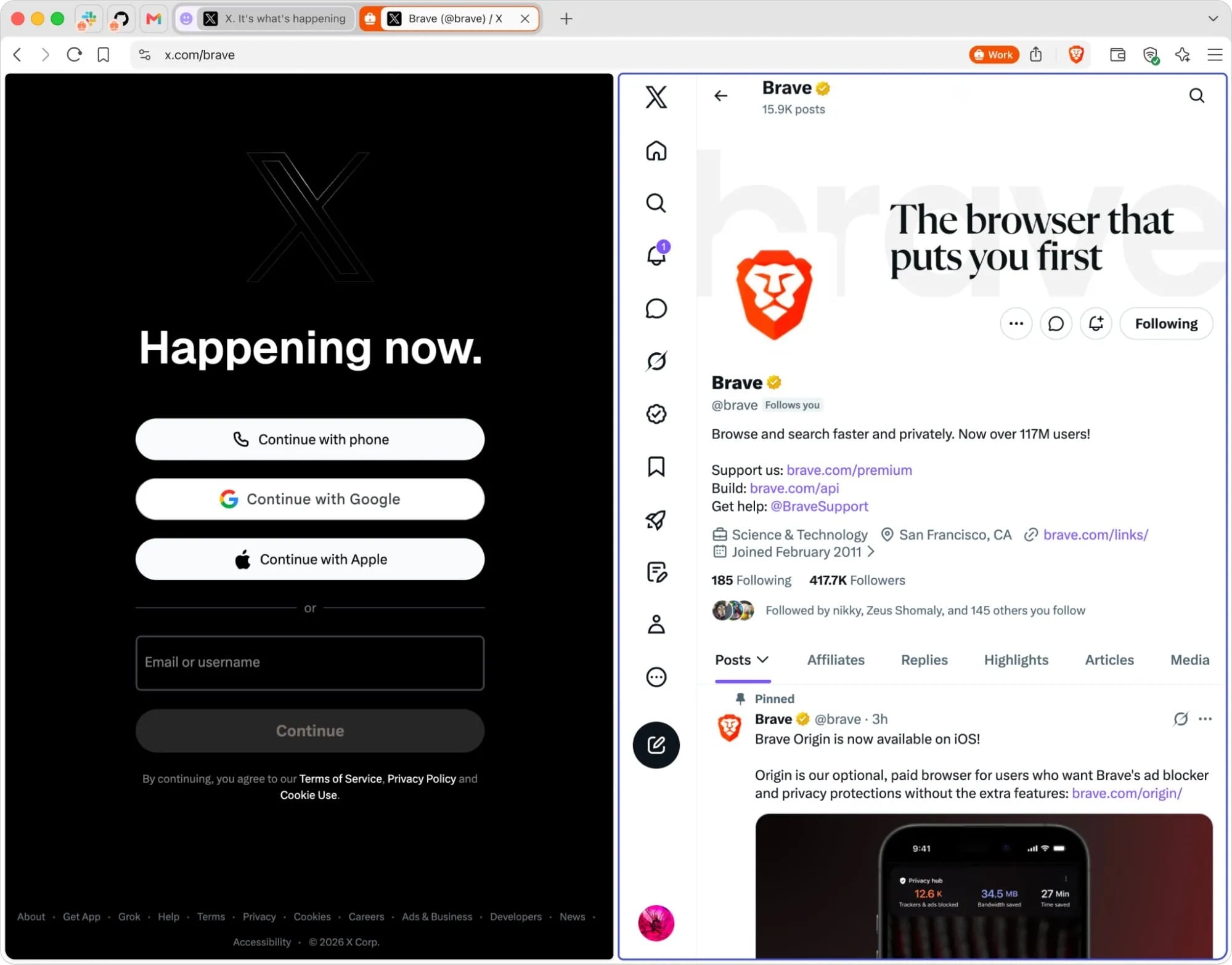 Split-screen browser showing X login on the left and the Brave X profile on the right