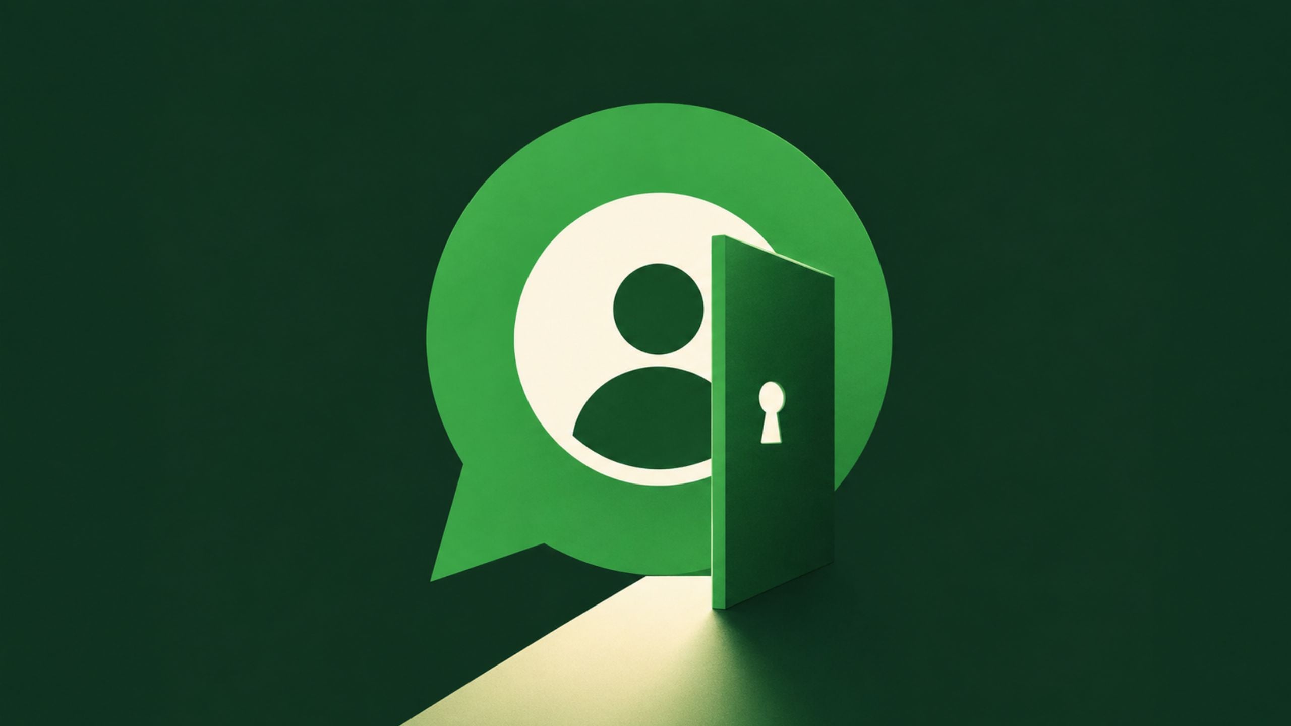 Green chat bubble with a user icon and an open door with a keyhole on a dark background