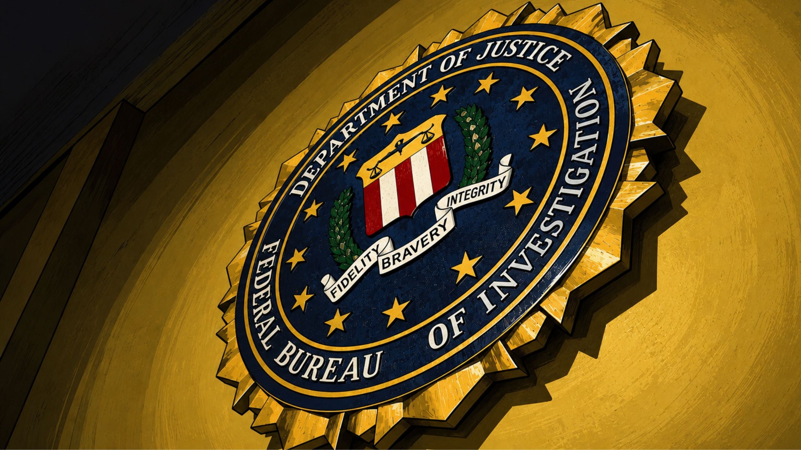 FBI seal mounted on a gold wall, with Department of Justice text and integrity, bravery, fidelity on the emblem