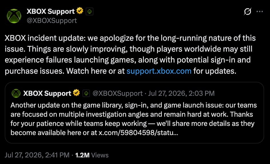 Xbox Support updates on ongoing issues with game library, sign-in, and game launch problems, encouraging users to check for updates.