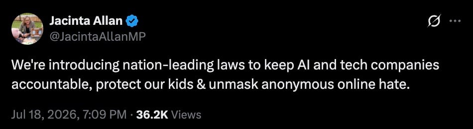 Tweet from Jacinta Allan discussing new laws for AI and tech companies to ensure accountability and protect children.