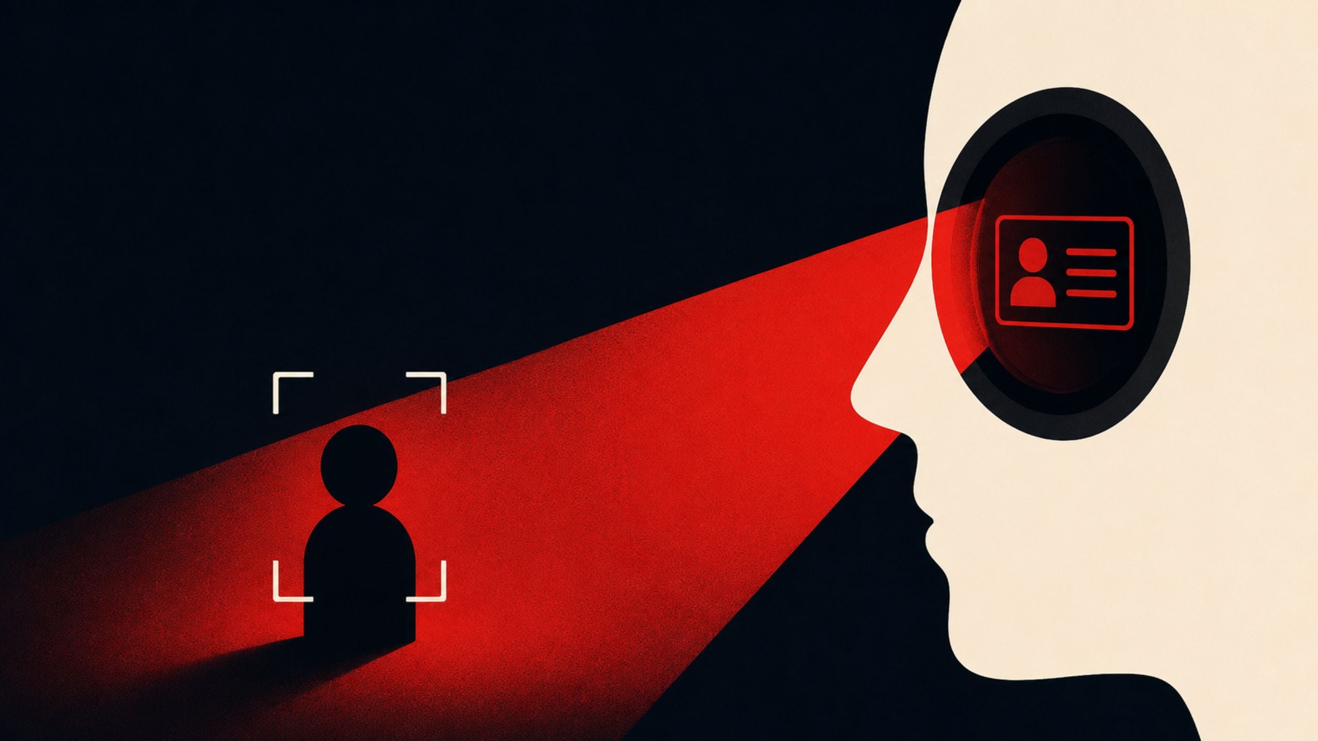 Stylized profile with a red scan beam targeting a person icon and ID card symbol in the head
