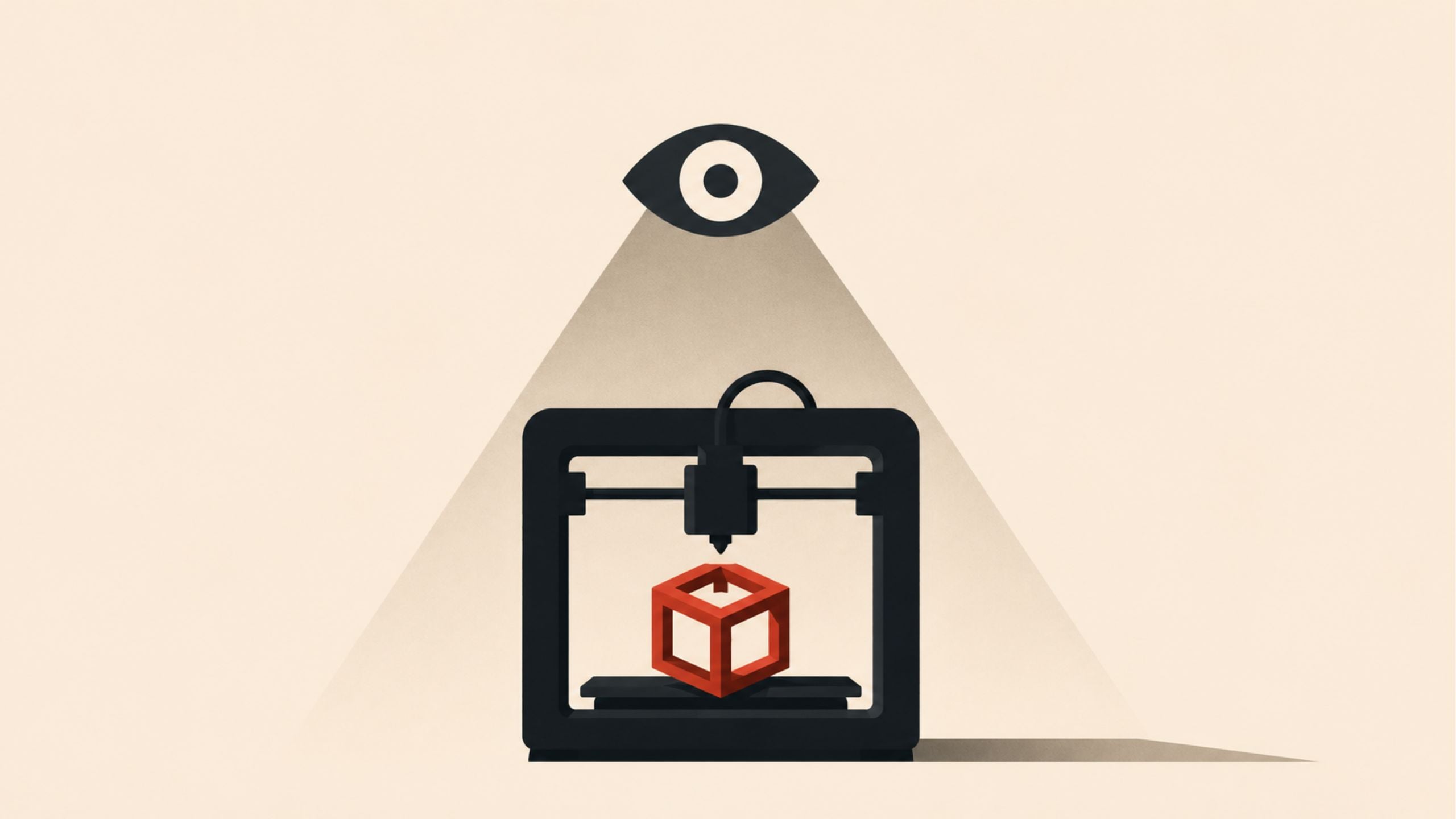 3D printer printing a red cube under a spotlight with an eye icon above