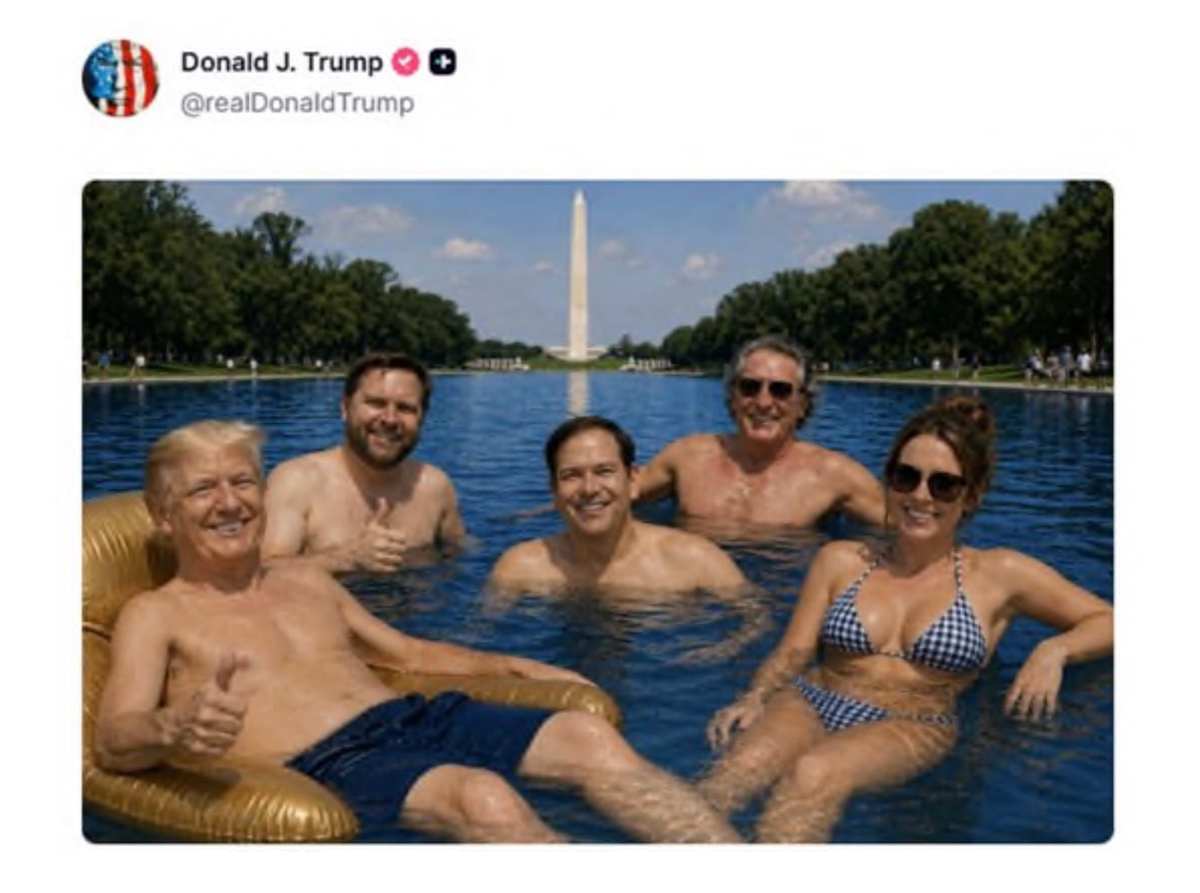 Five people, including Trump in a suit and a woman in a bikini, relax in a pool with the Washington Monument in the background.